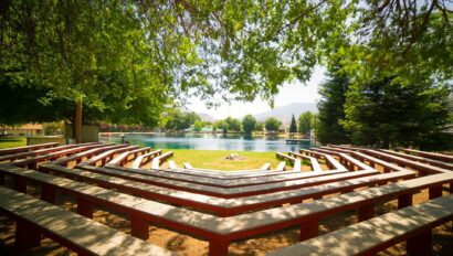 Outdoor campfire space with benches.