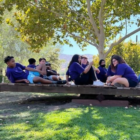 Kids sitting on seesaw.